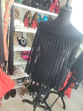 Black Crochet Off-Shoulder Women's Sweater Cotton FROM PERU
